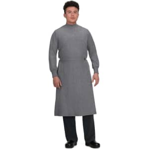 A clinical cover gown in grey, featuring long sleeves and a high neckline, worn by a model.