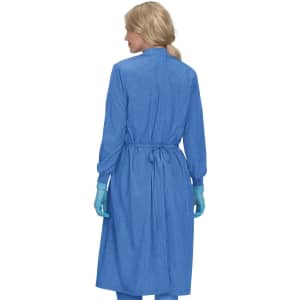 A clinical cover gown in light blue, featuring long sleeves, a tie waist, and a logo on the back.