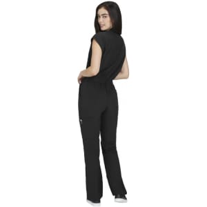 A black jumpsuit with a fitted bodice and flared pants, featuring a back view and a logo on the side.