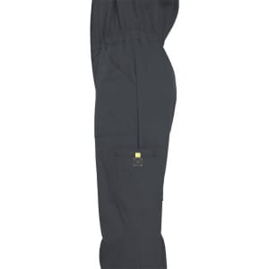 A grey jumpsuit featuring a side view, with an elastic waistband and a pocket. The product has a branding logo.