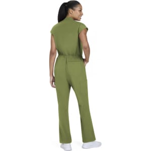 A jumpsuit in olive green, featuring a fitted waist and cap sleeves, shown from the back. It has a logo on the garment.