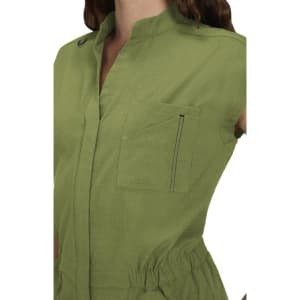 An olive green jumpsuit with a collar, short sleeves, and a front pocket. Features branding on the garment.