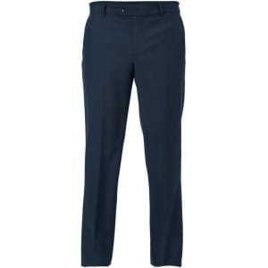 Navy blue pants featuring a straight leg design, with a subtle logo on the waistband.