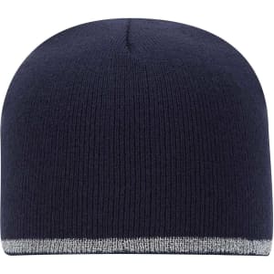 A navy beanie with a reflective stripe at the bottom, featuring a logo.