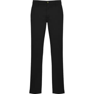 Black trousers with a straight-leg design and a button closure, featuring a simple branding logo.
