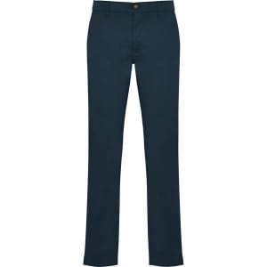 Navy blue trousers with a straight leg design, featuring a front button closure and a logo on the waistband.
