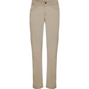 Beige women's trousers with a straight-leg design, featuring a front button and pockets. The product includes a logo.