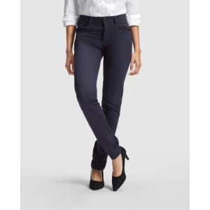Navy blue women's trousers with a slim fit, paired with a white blouse and black heels, featuring a logo.