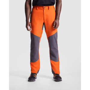 Hiking trousers in vibrant orange and grey, featuring a branded logo, designed for outdoor activities.