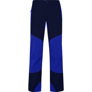Blue hiking trousers with dark blue accents and a logo on the waistband.