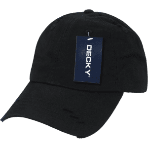 A black 6 panel low profile relaxed vintage dad hat with a tag attached, featuring a logo.