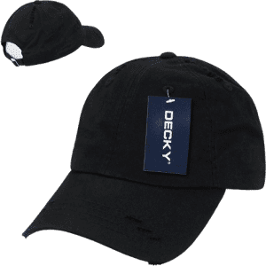A black vintage dad hat with a low profile and relaxed fit, featuring a branded tag and distressed details.