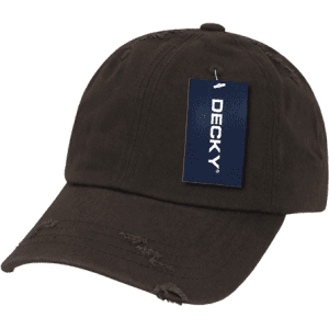 A brown vintage dad hat with a distressed design and a tag. It features a logo on the front.