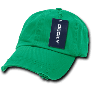 A green 6-panel low profile relaxed vintage dad hat with a tag and distressed details. It features a logo.