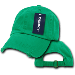 A green six-panel low profile relaxed vintage dad hat with a distressed look and a branding label.
