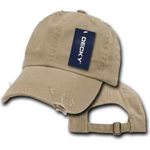 A beige vintage dad hat with a relaxed fit, featuring a distressed design and a logo tag.