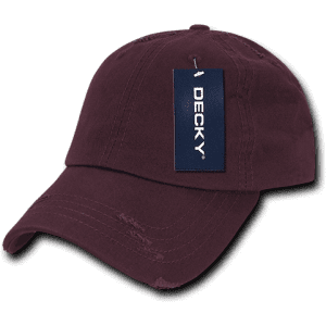 A maroon 6 panel low profile relaxed vintage dad hat with a tag and distressed detailing.