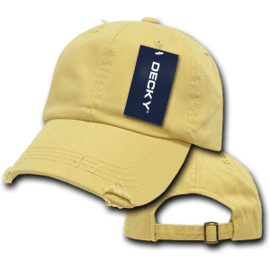 A yellow vintage dad hat featuring a distressed design and an attached tag, with an adjustable strap at the back.