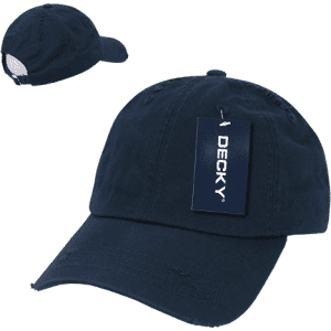 A navy blue 6 panel low profile relaxed vintage dad hat with a tag and a logo.