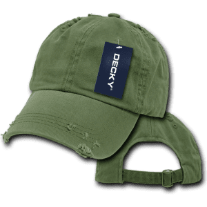 A green vintage dad hat with a relaxed fit, featuring a distressed design and a logo tag.