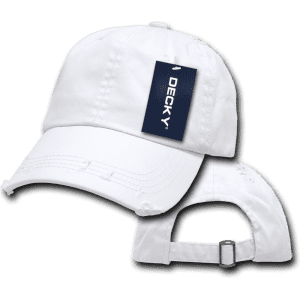 A white 6 panel low profile relaxed vintage dad hat with a tag and adjustable strap at the back.