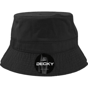A black bucket hat featuring a logo. The hat has a wide brim and a textured surface.