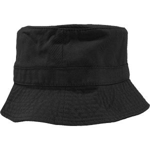A black bucket hat with a wide brim and a structured design, featuring a logo on the side.