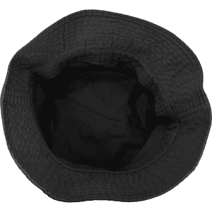 A black bucket hat with an interior lining, showcasing a textured pattern. It features a logo inside.