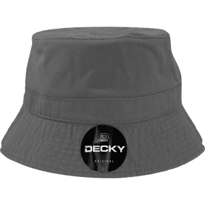 A grey bucket hat with a logo on a circular tag. The hat features a classic design and a wide brim.