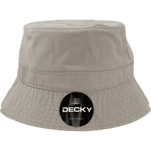 A beige bucket hat featuring a logo, with a wide brim for sun protection.