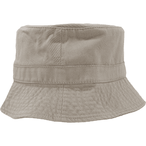 A beige bucket hat with a wide brim and a structured design. It features a subtle texture and has a logo.