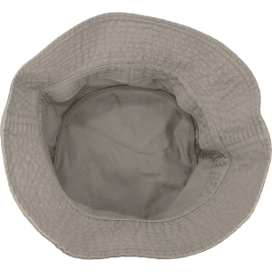 A relaxed grey bucket hat with a textured exterior and a smooth inner lining, featuring a logo on the side.