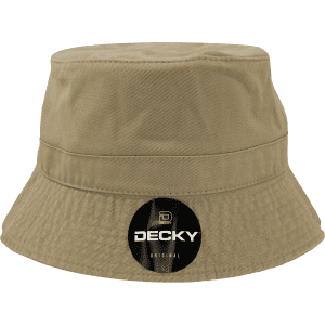 A tan bucket hat with a branded tag. The hat features a wide brim and a textured surface.