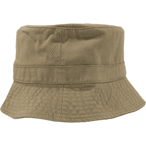 A khaki bucket hat with a wide brim and a foldable band, featuring a logo on the side.