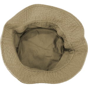 A tan bucket hat viewed from above, featuring a textured exterior and a smooth inner lining.