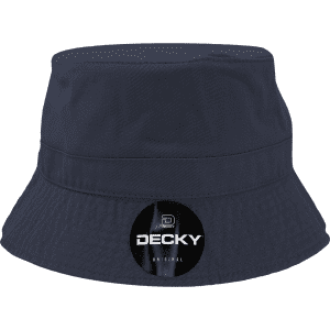 A navy blue bucket hat with a logo on the front. The hat features a wide, downward-sloping brim.