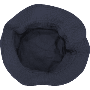 A bucket hat in navy blue with a textured surface and an empty interior. It has a logo on the side.
