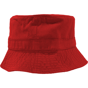 A red bucket hat with a wide brim and a stitched design, featuring a logo on the side.