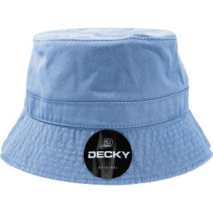 A light blue bucket hat with a branded logo on the front. The material appears soft and casual in style.