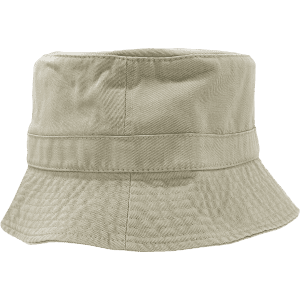 A relaxed beige bucket hat with a wide brim and a textured fabric. It features a logo on the side.