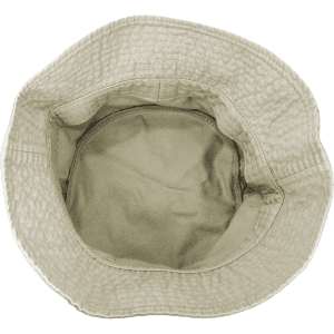 A tan bucket hat with a textured outer layer and smooth inner lining, featuring a simple design.