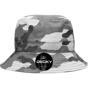 A grey and white camouflage bucket hat featuring a logo.