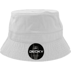 A white bucket hat with a textured finish and a logo badge on the front.