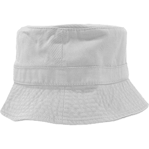 A bucket hat in white with a structured design and a wide brim, featuring a logo.