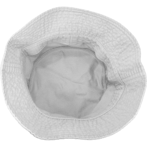 A white bucket hat with a textured exterior and a smooth interior. It features an inner lining and has a branding logo.