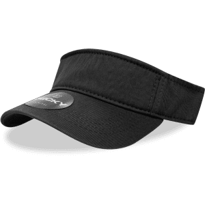 A black polo visor with a wide brim and an attached logo. The visor is designed for sun protection.