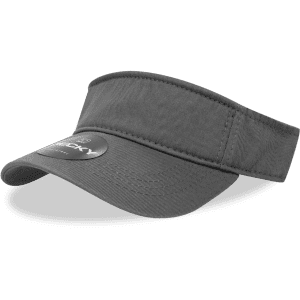 A grey polo visor featuring a logo on the front and a curved brim.