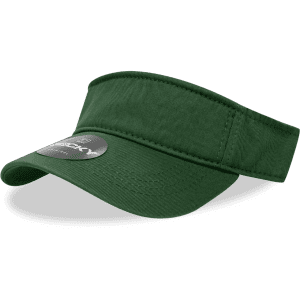 A green polo visor with a wide brim and a logo on the front.