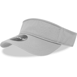A grey polo visor with a wide brim and an attached logo on the front.