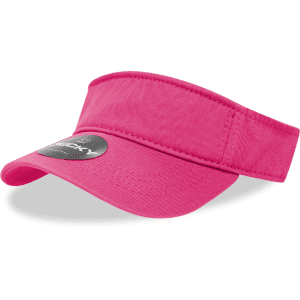 A pink polo visor with a wide brim and a logo on the front.
